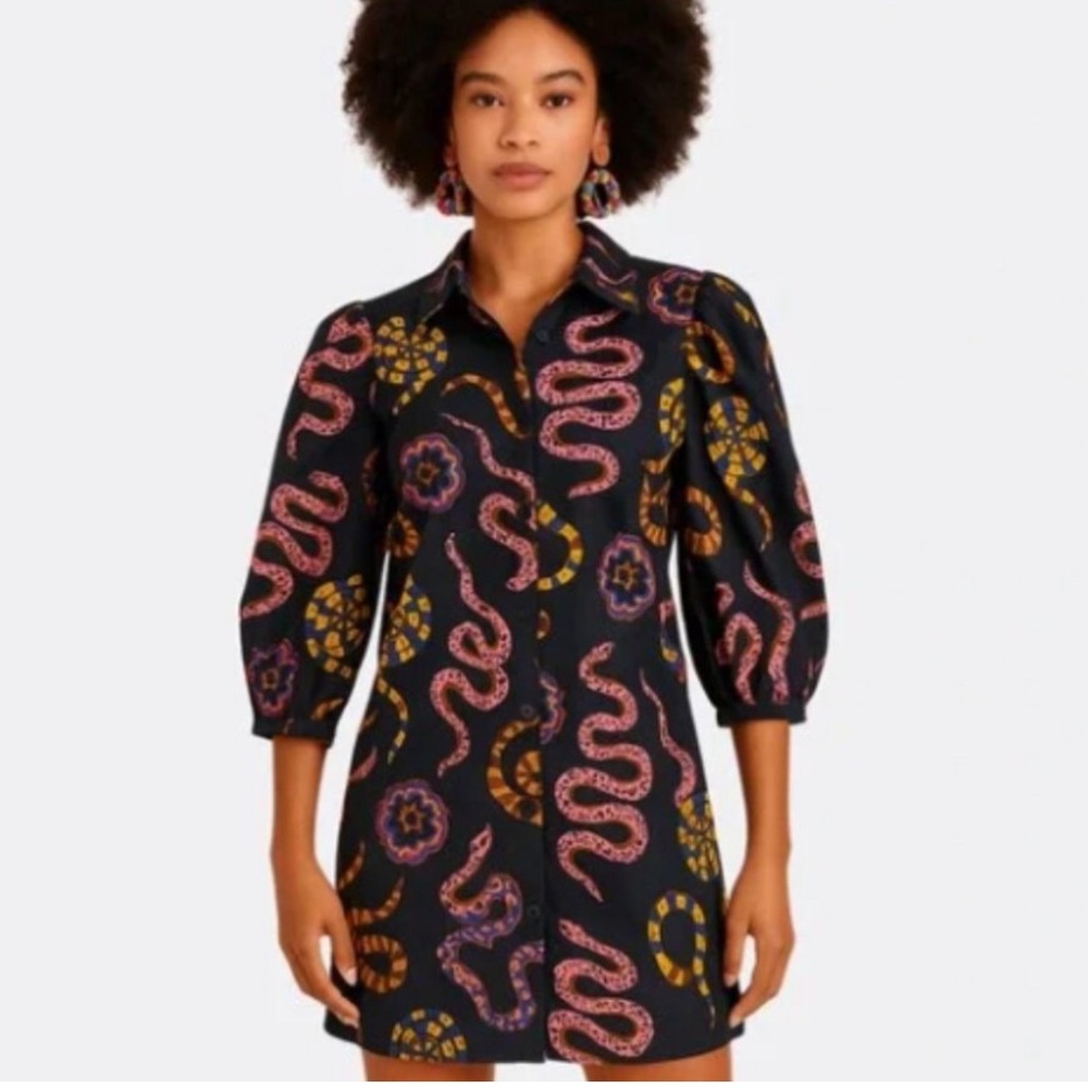 FARM Rio Black Mini Dress with Pink & Yellow Snake Print